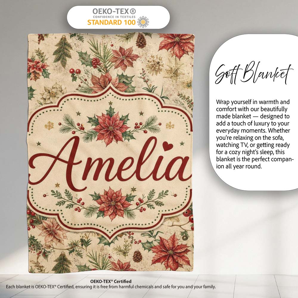 Vintage Christmas Floral with Holly Poinsettia and Pine Classic  Personalised Custom Name Super Soft Fleece Blanket Bed Sofa Throw