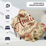 Vintage Christmas Floral with Holly Poinsettia and Pine Classic  Personalised Custom Name Super Soft Fleece Blanket Bed Sofa Throw