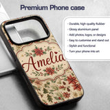 Vintage Christmas Floral with Holly Poinsettia Custom Name Protective Phone Case Mobile Cover Durable Everyday Smartphone Shock Resistant