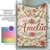 Vintage Christmas Floral with Holly Poinsettia and Pine Classic  Personalised Custom Name Super Soft Fleece Blanket Bed Sofa Throw