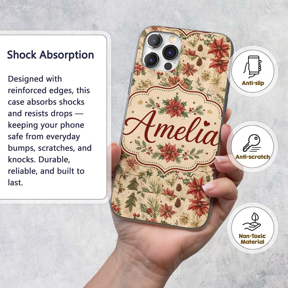 Vintage Christmas Floral with Holly Poinsettia Custom Name Protective Phone Case Mobile Cover Durable Everyday Smartphone Shock Resistant