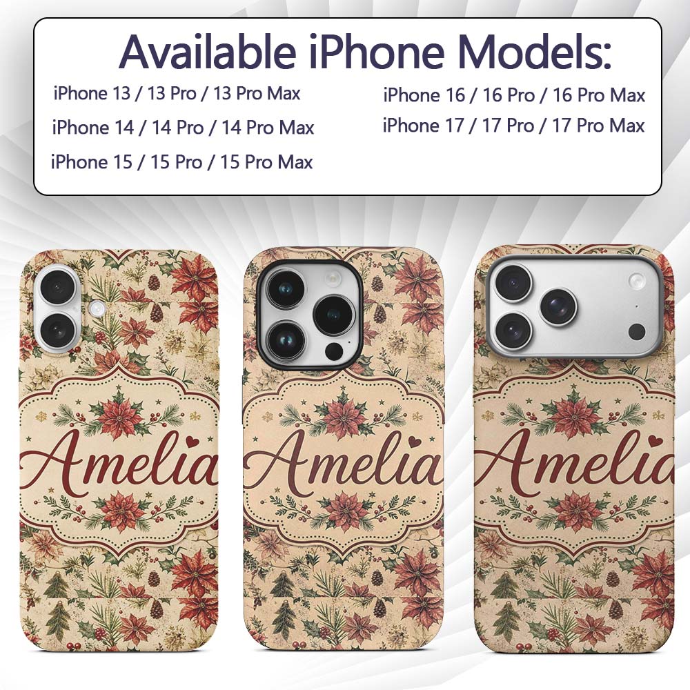 Vintage Christmas Floral with Holly Poinsettia Custom Name Protective Phone Case Mobile Cover Durable Everyday Smartphone Shock Resistant