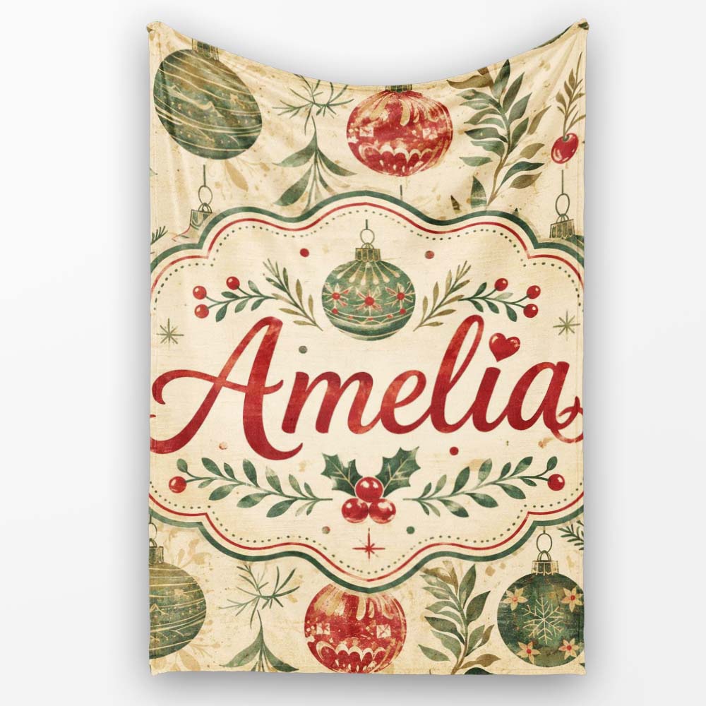 Vintage Christmas Baubles with Leaves and Berries Classic Holiday  Personalised Custom Name Super Soft Fleece Blanket Bed Sofa Throw