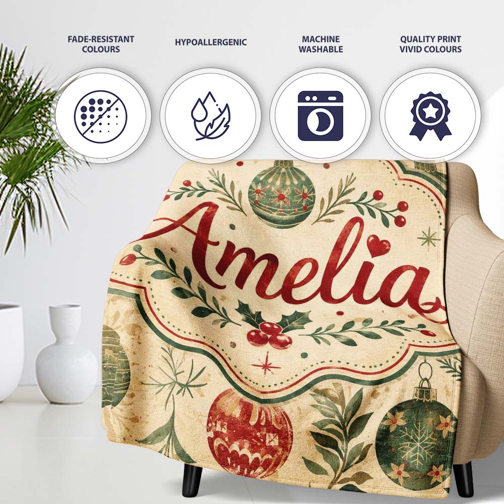 Vintage Christmas Baubles with Leaves and Berries Classic Holiday  Personalised Custom Name Super Soft Fleece Blanket Bed Sofa Throw