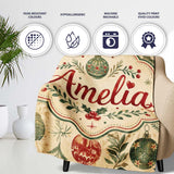 Vintage Christmas Baubles with Leaves and Berries Classic Holiday  Personalised Custom Name Super Soft Fleece Blanket Bed Sofa Throw