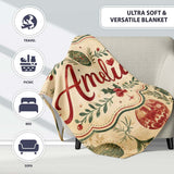 Vintage Christmas Baubles with Leaves and Berries Classic Holiday  Personalised Custom Name Super Soft Fleece Blanket Bed Sofa Throw