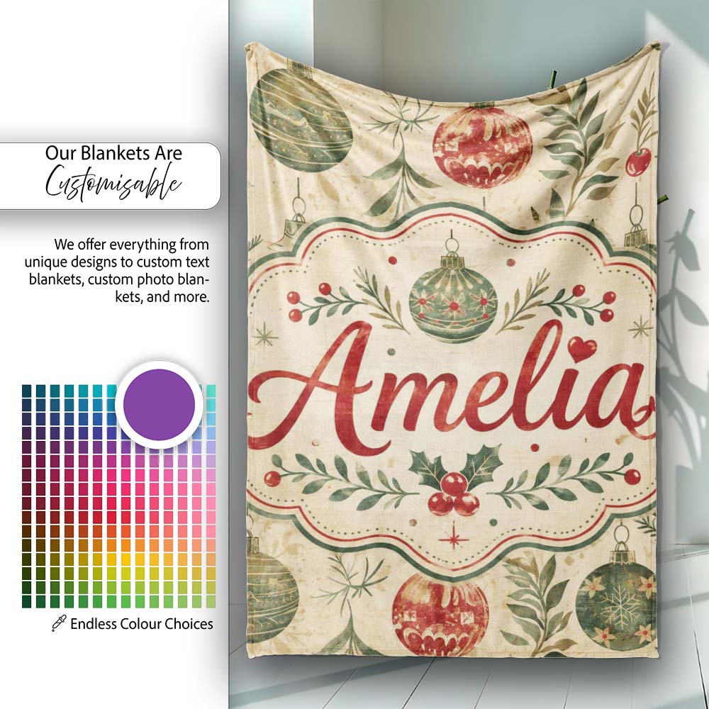 Vintage Christmas Baubles with Leaves and Berries Classic Holiday  Personalised Custom Name Super Soft Fleece Blanket Bed Sofa Throw