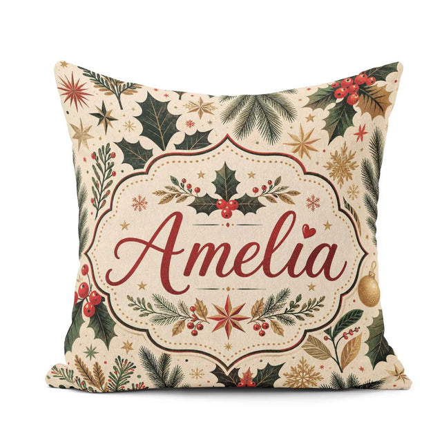 Custom Name Elegant Holly Leaves with Berries and Stars Festive Square Filled Cushion Throw Pillow Sofa Bed Home Decor Zip Washable UK Made