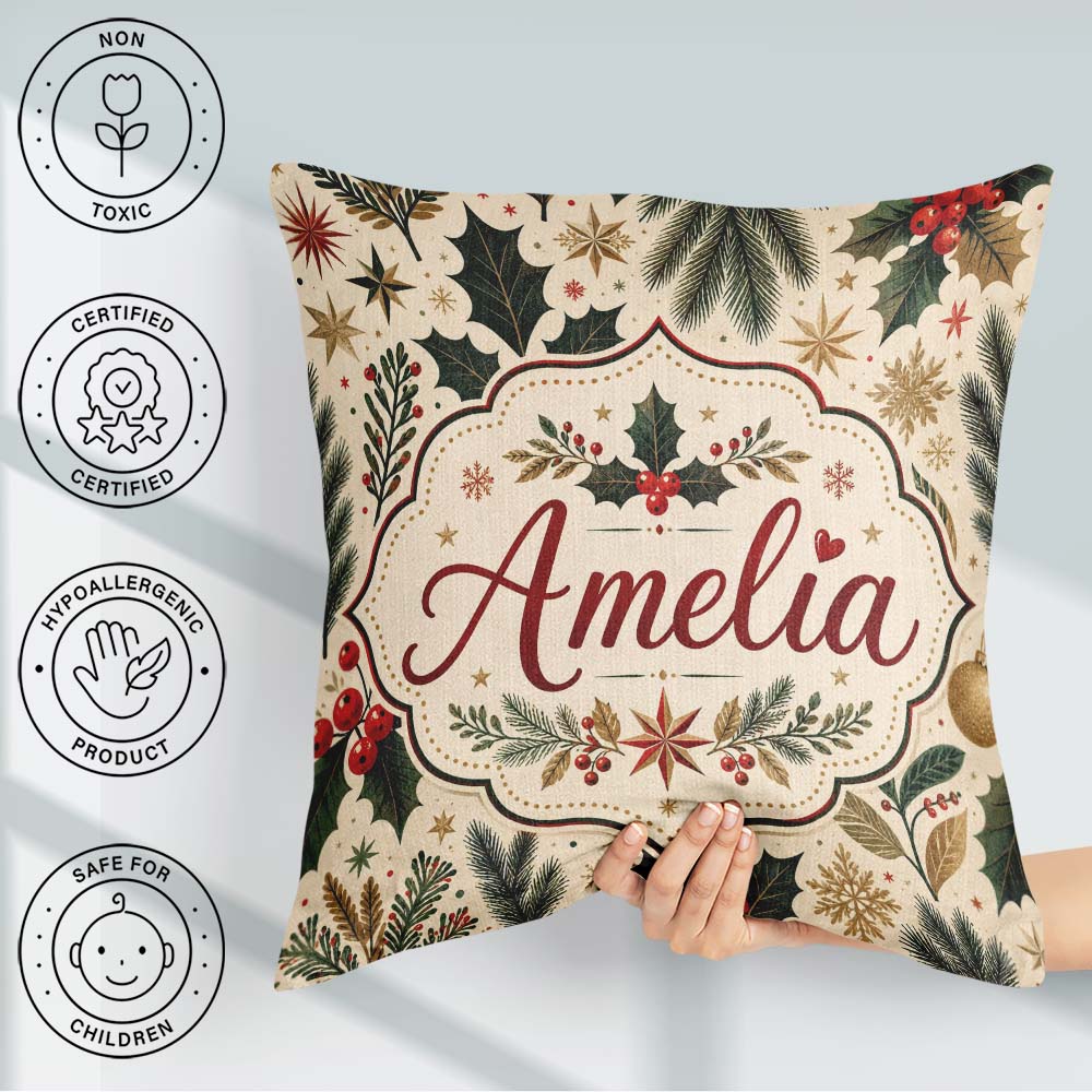 Custom Name Elegant Holly Leaves with Berries and Stars Festive Square Filled Cushion Throw Pillow Sofa Bed Home Decor Zip Washable UK Made