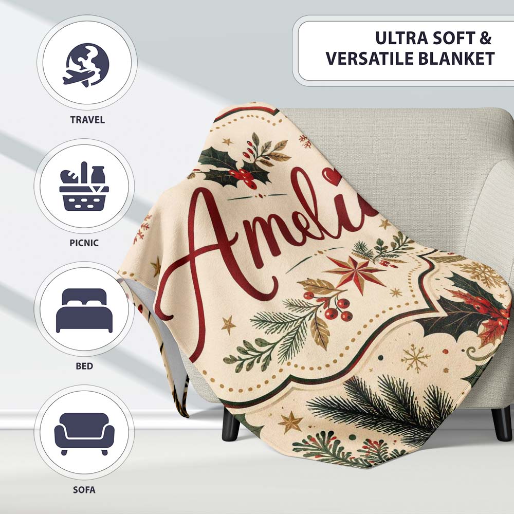 Elegant Christmas Holly Leaves with Berries and Stars Festive Lovely  Personalised Custom Name Super Soft Fleece Blanket Bed Sofa Throw