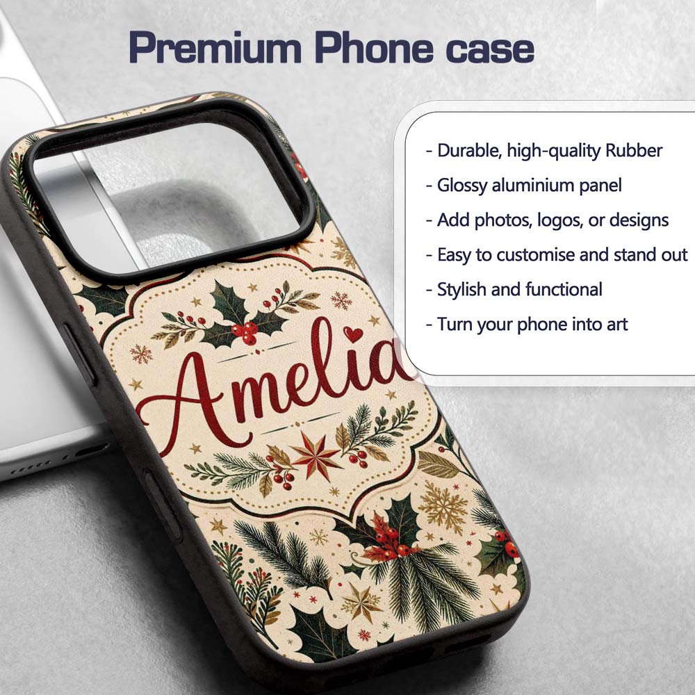 Elegant Christmas Holly Leaves with Berries and Custom Name Protective Phone Case Mobile Cover Durable Everyday Smartphone Shock Resistant