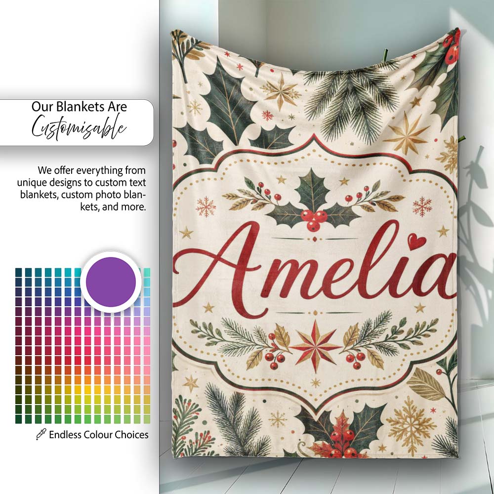 Elegant Christmas Holly Leaves with Berries and Stars Festive Lovely  Personalised Custom Name Super Soft Fleece Blanket Bed Sofa Throw