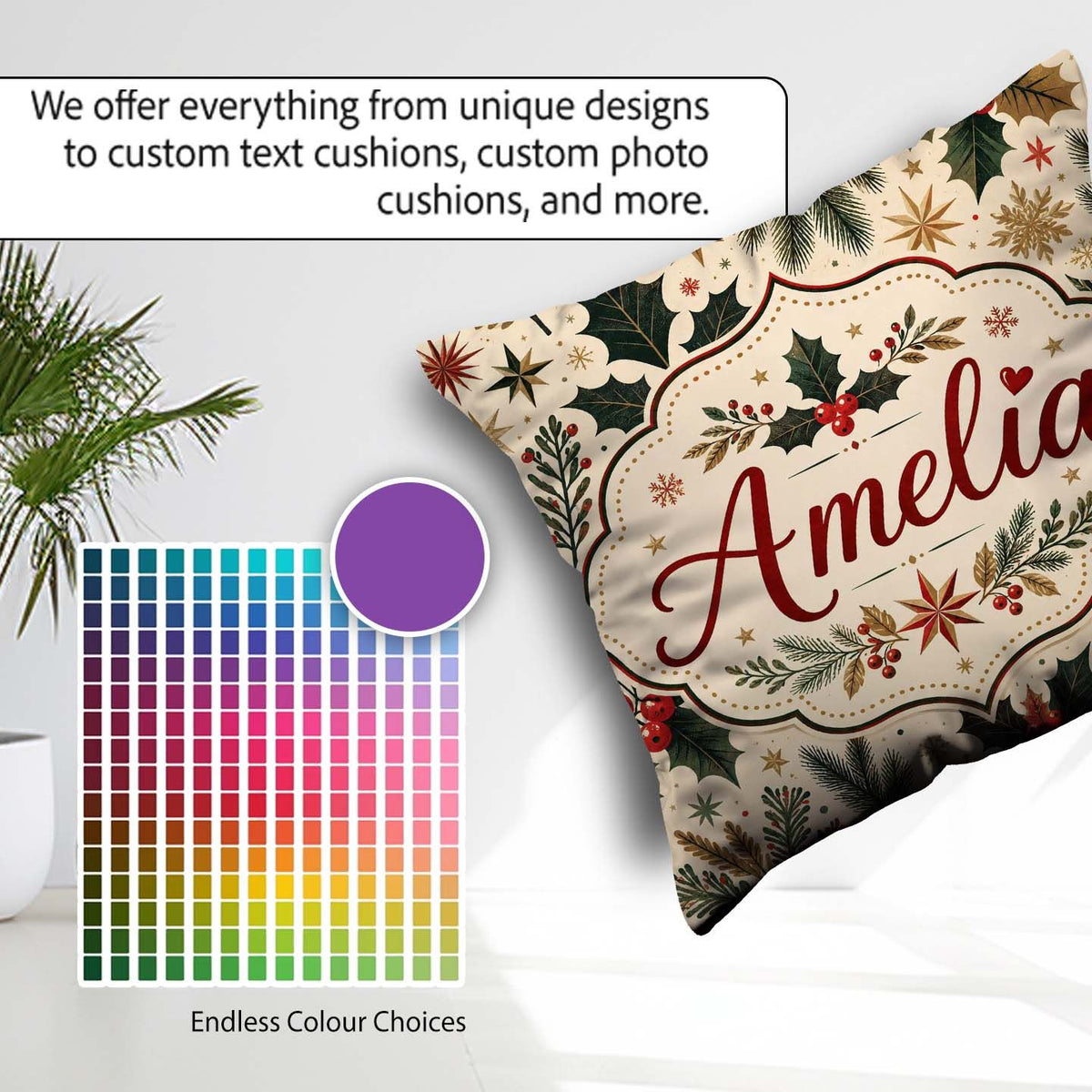 Custom Name Elegant Holly Leaves with Berries and Stars Festive Square Filled Cushion Throw Pillow Sofa Bed Home Decor Zip Washable UK Made