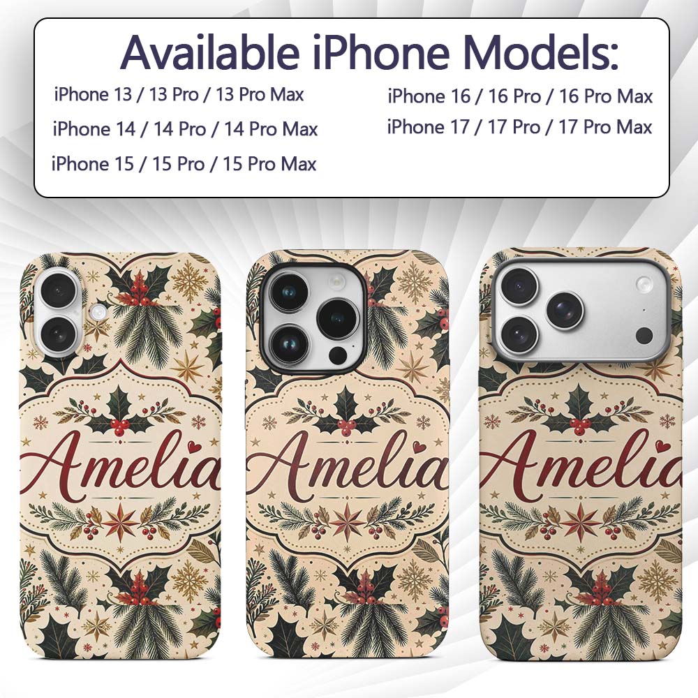 Elegant Christmas Holly Leaves with Berries and Custom Name Protective Phone Case Mobile Cover Durable Everyday Smartphone Shock Resistant