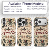 Elegant Christmas Holly Leaves with Berries and Custom Name Protective Phone Case Mobile Cover Durable Everyday Smartphone Shock Resistant