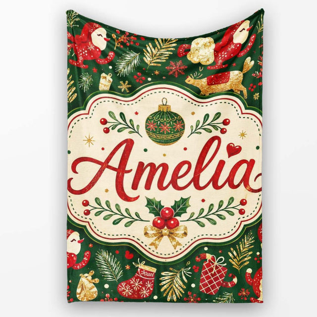 Festive Santa Reindeer Socks and Candy Canes Christmas Green Lovely  Personalised Custom Name Super Soft Fleece Blanket Bed Sofa Throw