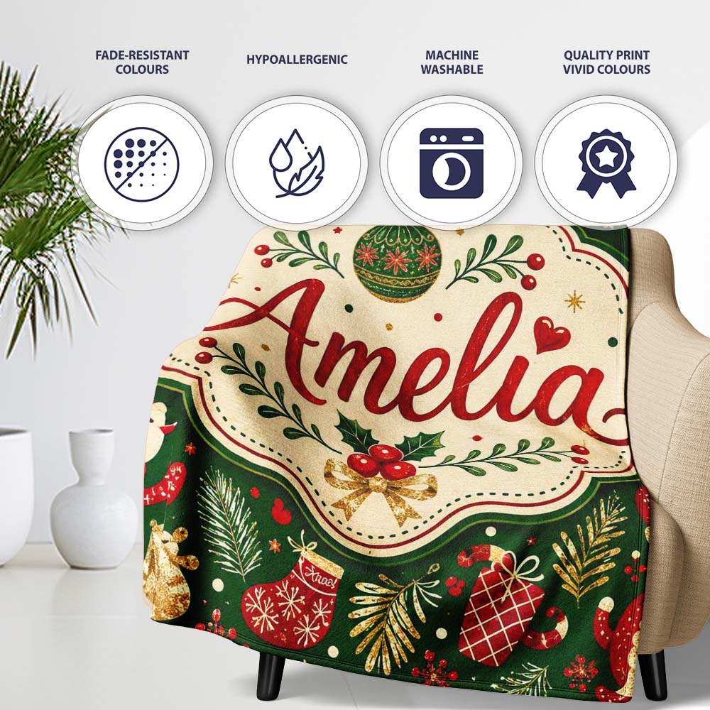 Festive Santa Reindeer Socks and Candy Canes Christmas Green Lovely  Personalised Custom Name Super Soft Fleece Blanket Bed Sofa Throw