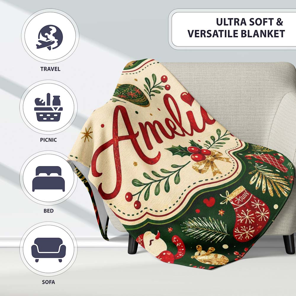 Festive Santa Reindeer Socks and Candy Canes Christmas Green Lovely  Personalised Custom Name Super Soft Fleece Blanket Bed Sofa Throw