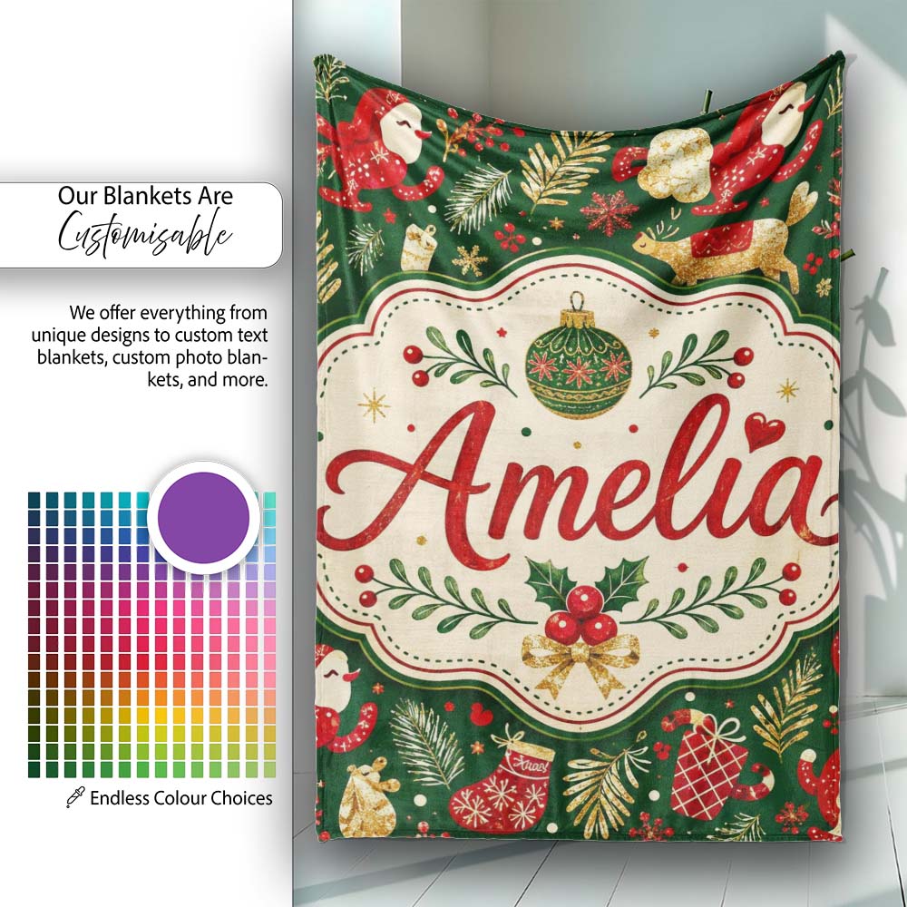 Festive Santa Reindeer Socks and Candy Canes Christmas Green Lovely  Personalised Custom Name Super Soft Fleece Blanket Bed Sofa Throw