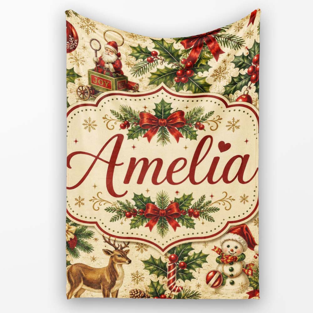 Vintage Christmas Children Tree and Ornaments Nostalgic Holiday  Personalised Custom Name Super Soft Fleece Blanket Bed Sofa Throw