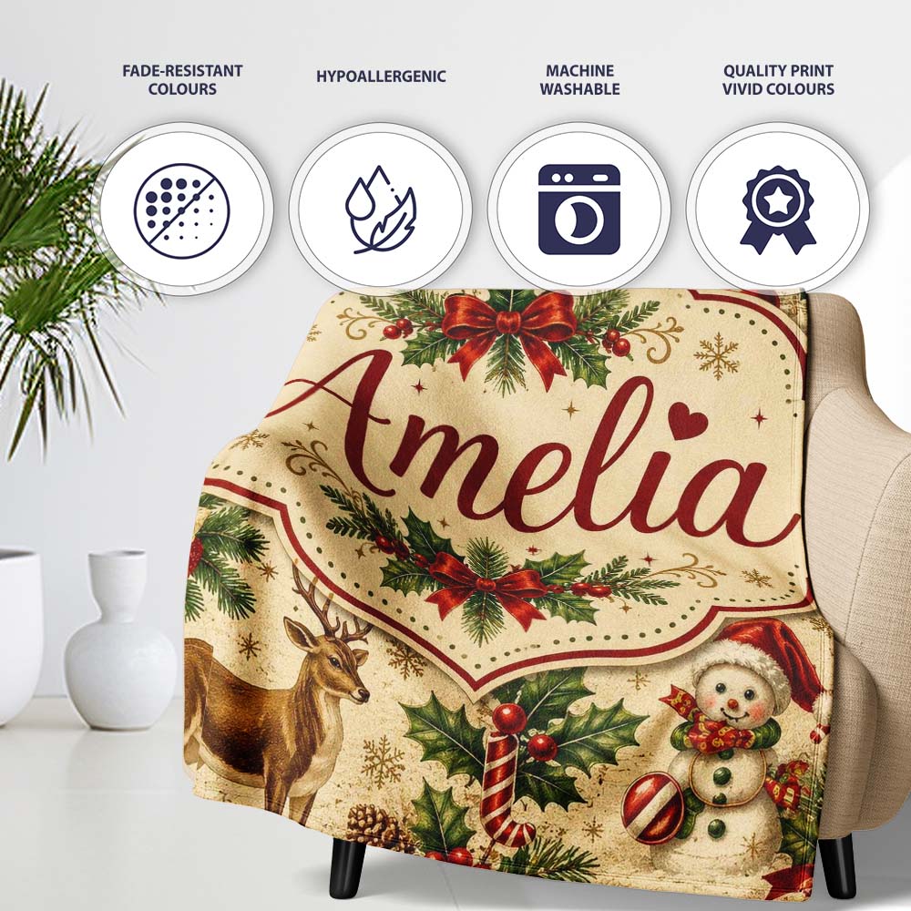 Vintage Christmas Children Tree and Ornaments Nostalgic Holiday  Personalised Custom Name Super Soft Fleece Blanket Bed Sofa Throw