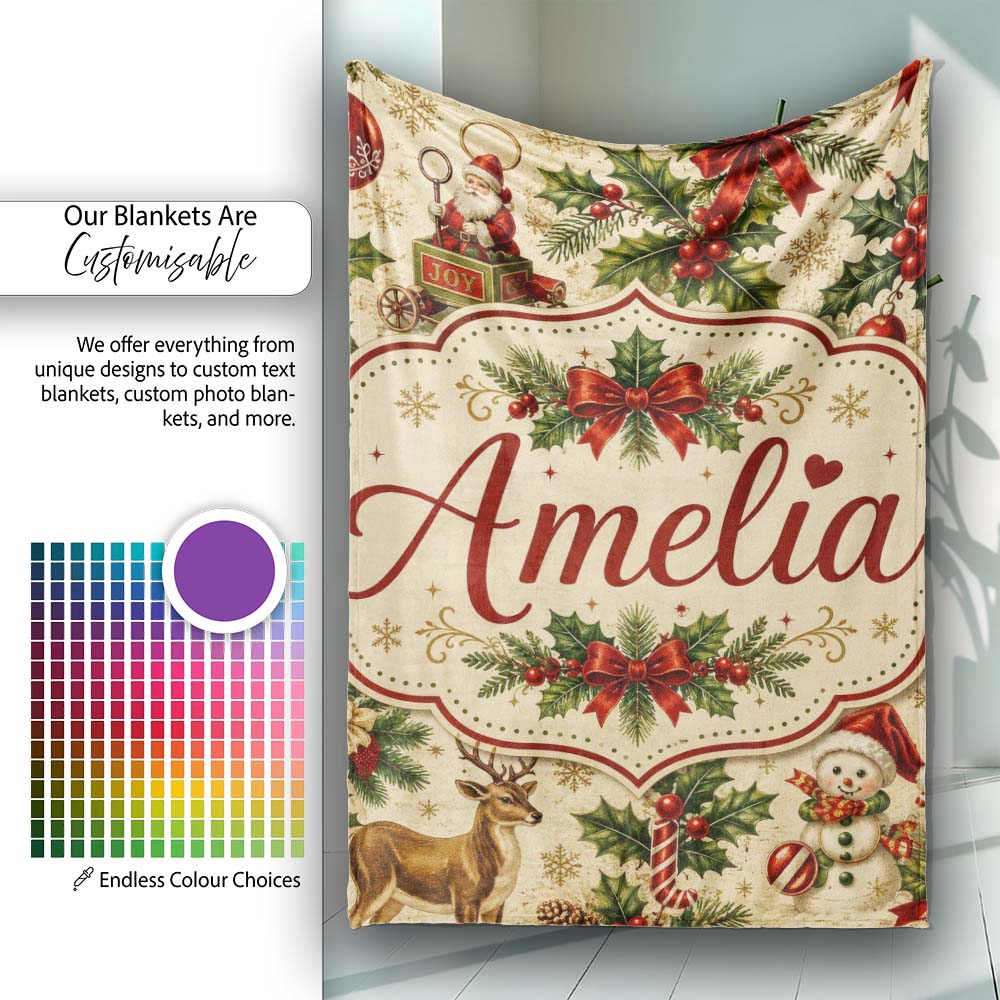 Vintage Christmas Children Tree and Ornaments Nostalgic Holiday  Personalised Custom Name Super Soft Fleece Blanket Bed Sofa Throw
