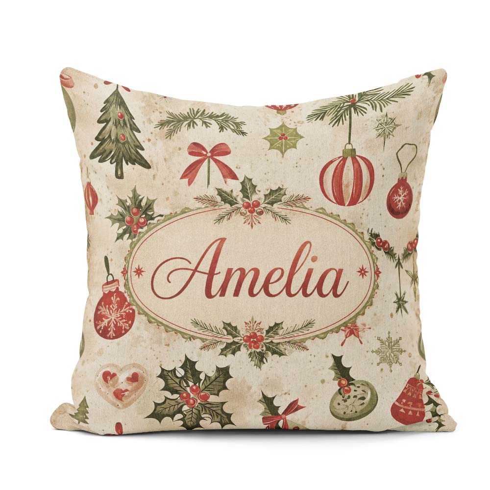 Custom Name Classic Christmas Pine Branches and Bows Traditional Square Filled Cushion Throw Pillow Sofa Bed Home Decor Zip Washable UK Made