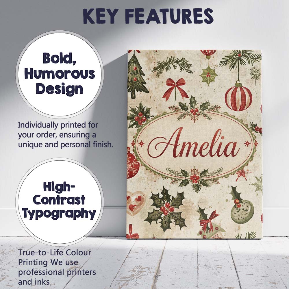 Personalised Name Classic Christmas Ornaments Custom Unique Gift Idea Modern Room Accent Canvas Wall Art Print Decor Picture Ready to Hang