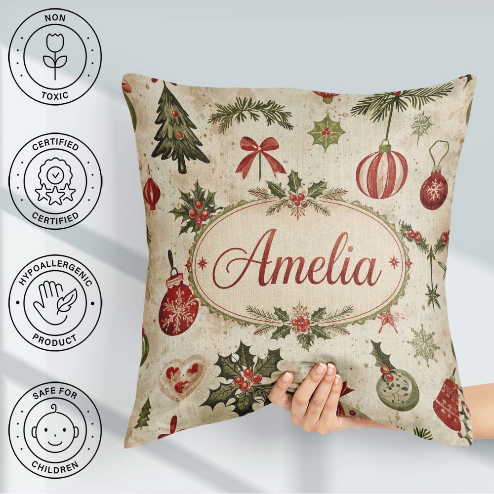 Custom Name Classic Christmas Pine Branches and Bows Traditional Square Filled Cushion Throw Pillow Sofa Bed Home Decor Zip Washable UK Made