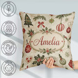 Custom Name Classic Christmas Pine Branches and Bows Traditional Square Filled Cushion Throw Pillow Sofa Bed Home Decor Zip Washable UK Made