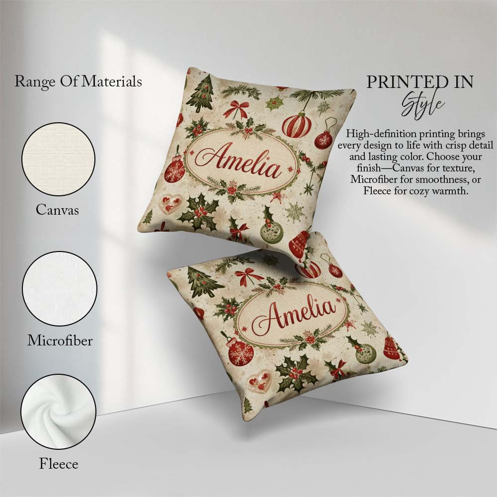 Custom Name Classic Christmas Pine Branches and Bows Traditional Square Filled Cushion Throw Pillow Sofa Bed Home Decor Zip Washable UK Made