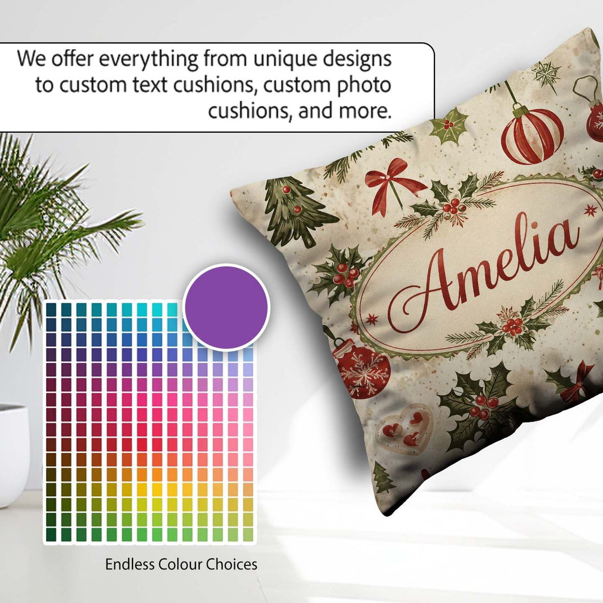 Custom Name Classic Christmas Pine Branches and Bows Traditional Square Filled Cushion Throw Pillow Sofa Bed Home Decor Zip Washable UK Made