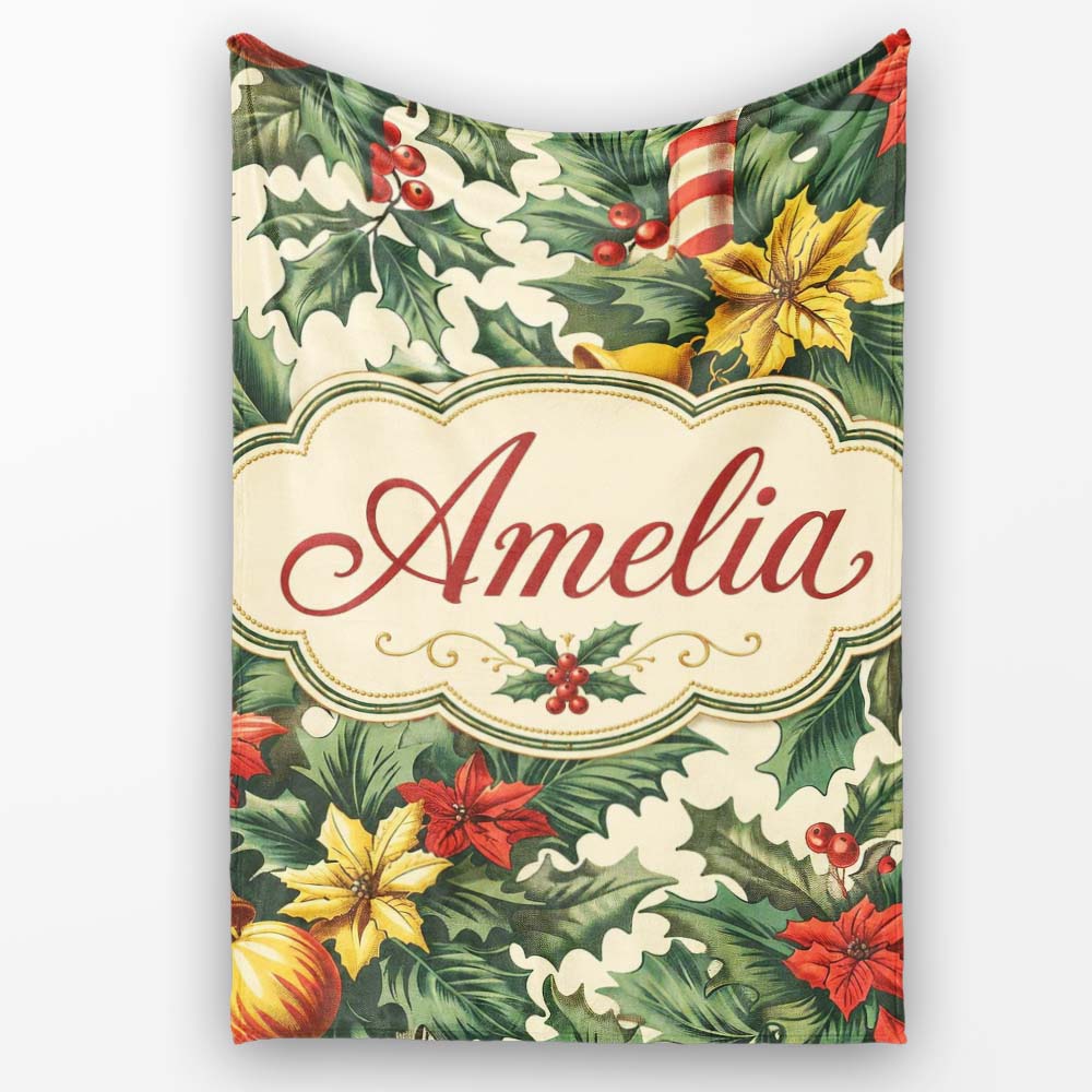 Elegant Christmas Holly Leaves with Bells and Poinsettia Festive  Personalised Custom Name Super Soft Fleece Blanket Bed Sofa Throw