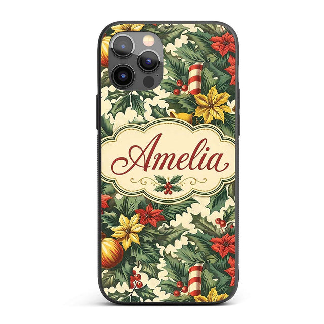 Elegant Christmas Holly Leaves with Bells and Custom Name Protective Phone Case Mobile Cover Durable Everyday Smartphone Shock Resistant