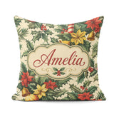 Custom Name Elegant Christmas Holly Leaves with Bells Poinsettia Square Filled Cushion Throw Pillow Sofa Bed Home Decor Zip Washable UK Made