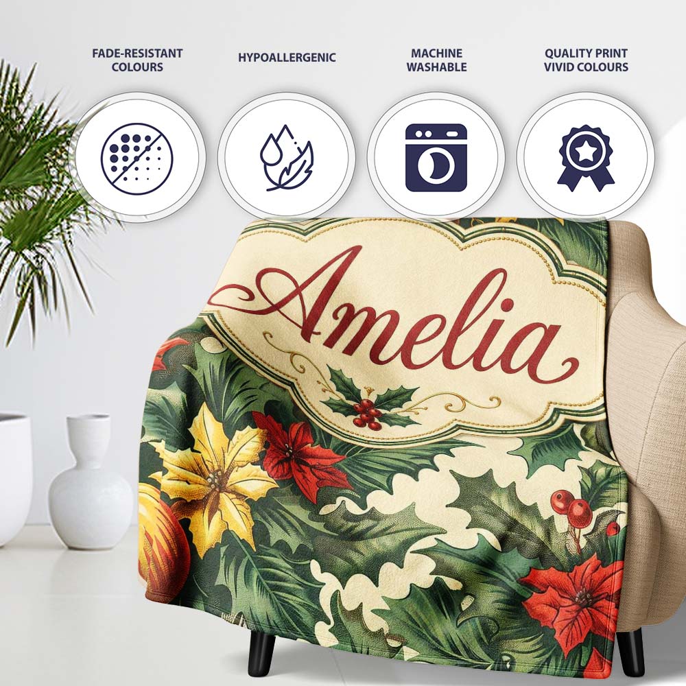 Elegant Christmas Holly Leaves with Bells and Poinsettia Festive  Personalised Custom Name Super Soft Fleece Blanket Bed Sofa Throw
