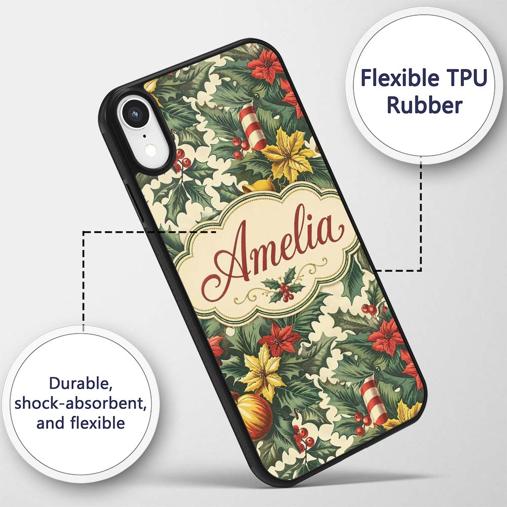 Elegant Christmas Holly Leaves with Bells and Custom Name Protective Phone Case Mobile Cover Durable Everyday Smartphone Shock Resistant