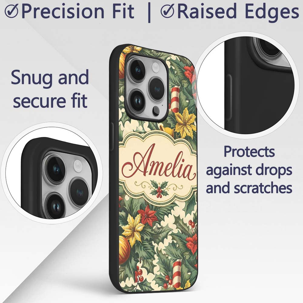 Elegant Christmas Holly Leaves with Bells and Custom Name Protective Phone Case Mobile Cover Durable Everyday Smartphone Shock Resistant