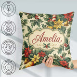 Custom Name Elegant Christmas Holly Leaves with Bells Poinsettia Square Filled Cushion Throw Pillow Sofa Bed Home Decor Zip Washable UK Made