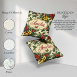 Custom Name Elegant Christmas Holly Leaves with Bells Poinsettia Square Filled Cushion Throw Pillow Sofa Bed Home Decor Zip Washable UK Made