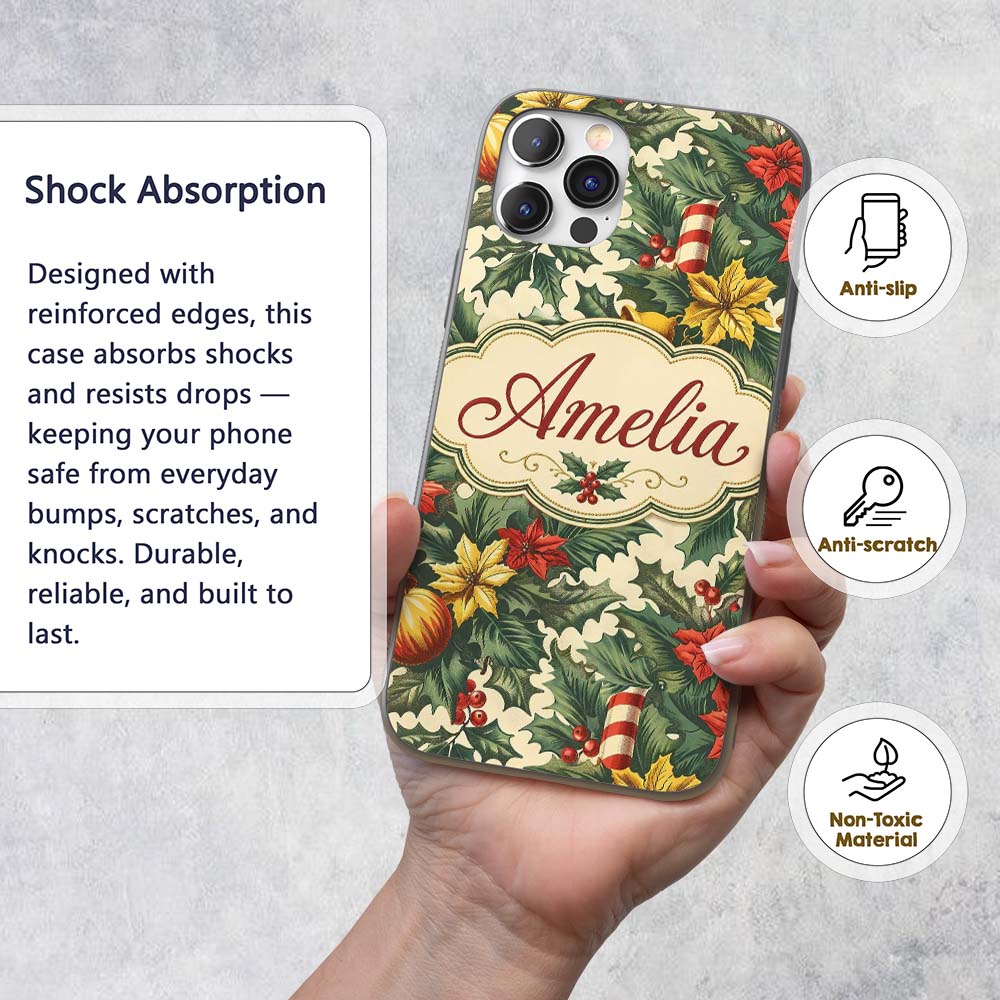 Elegant Christmas Holly Leaves with Bells and Custom Name Protective Phone Case Mobile Cover Durable Everyday Smartphone Shock Resistant
