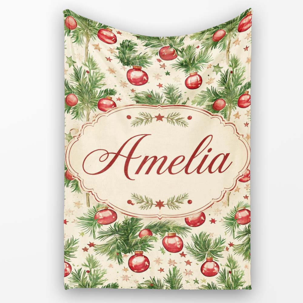 Vintage Pine Branches with Red Baubles Classic Christmas Holiday  Personalised Custom Name Super Soft Fleece Blanket Bed Sofa Throw