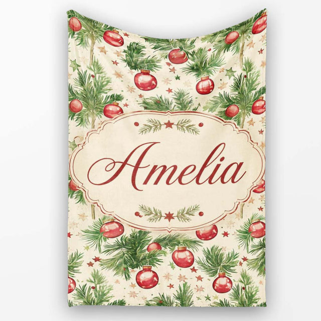 Vintage Pine Branches with Red Baubles Classic Christmas Holiday  Personalised Custom Name Super Soft Fleece Blanket Bed Sofa Throw