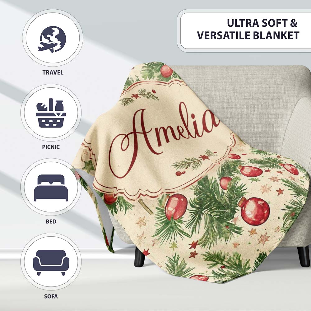 Vintage Pine Branches with Red Baubles Classic Christmas Holiday  Personalised Custom Name Super Soft Fleece Blanket Bed Sofa Throw