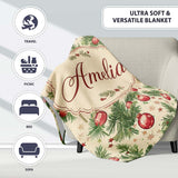 Vintage Pine Branches with Red Baubles Classic Christmas Holiday  Personalised Custom Name Super Soft Fleece Blanket Bed Sofa Throw