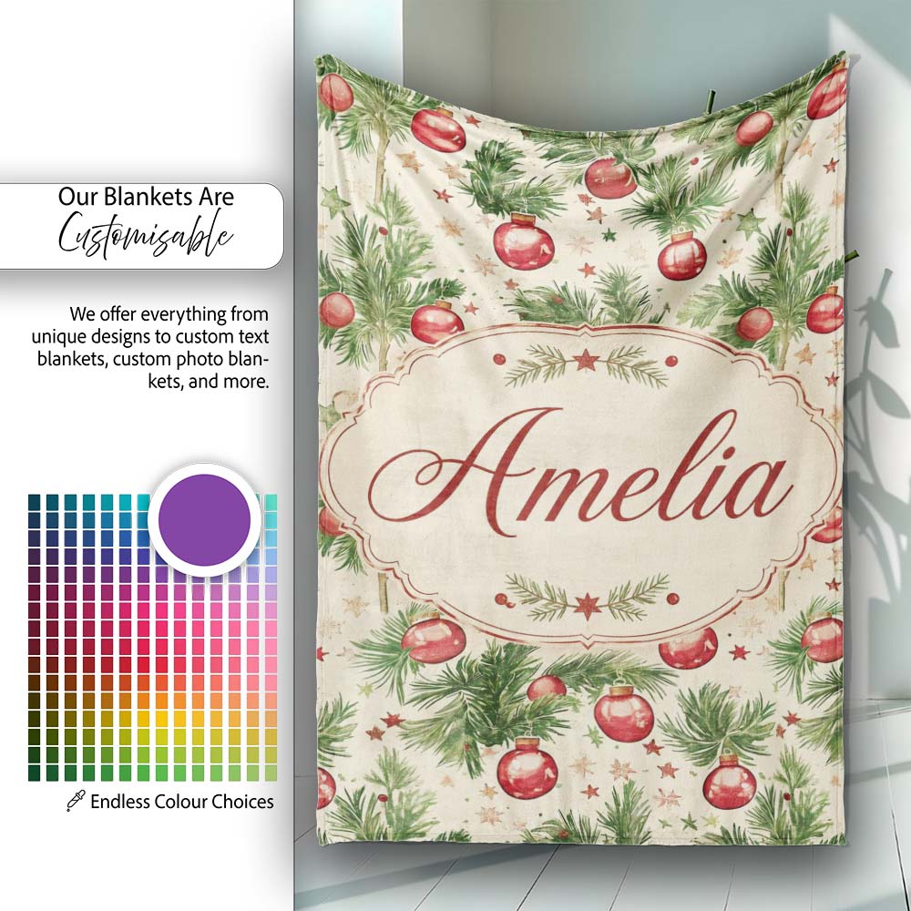 Vintage Pine Branches with Red Baubles Classic Christmas Holiday  Personalised Custom Name Super Soft Fleece Blanket Bed Sofa Throw