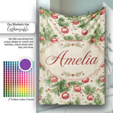 Vintage Pine Branches with Red Baubles Classic Christmas Holiday  Personalised Custom Name Super Soft Fleece Blanket Bed Sofa Throw