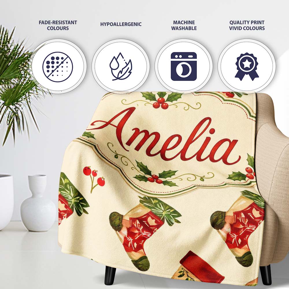 Watercolor Christmas Stockings with Holly Berries Festive Holiday  Personalised Custom Name Super Soft Fleece Blanket Bed Sofa Throw