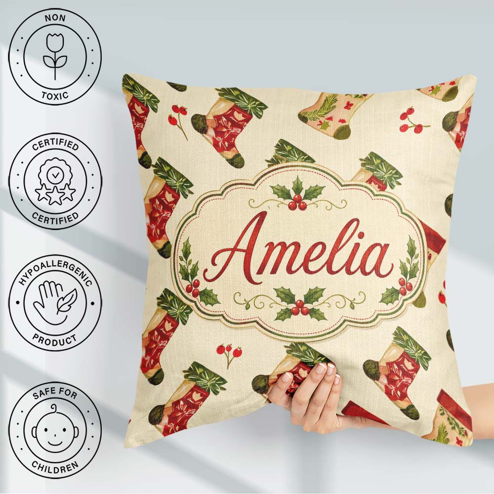 Custom Name Watercolor Christmas Stockings Holly Berries Festive Square Filled Cushion Throw Pillow Sofa Bed Home Decor Zip Washable UK Made