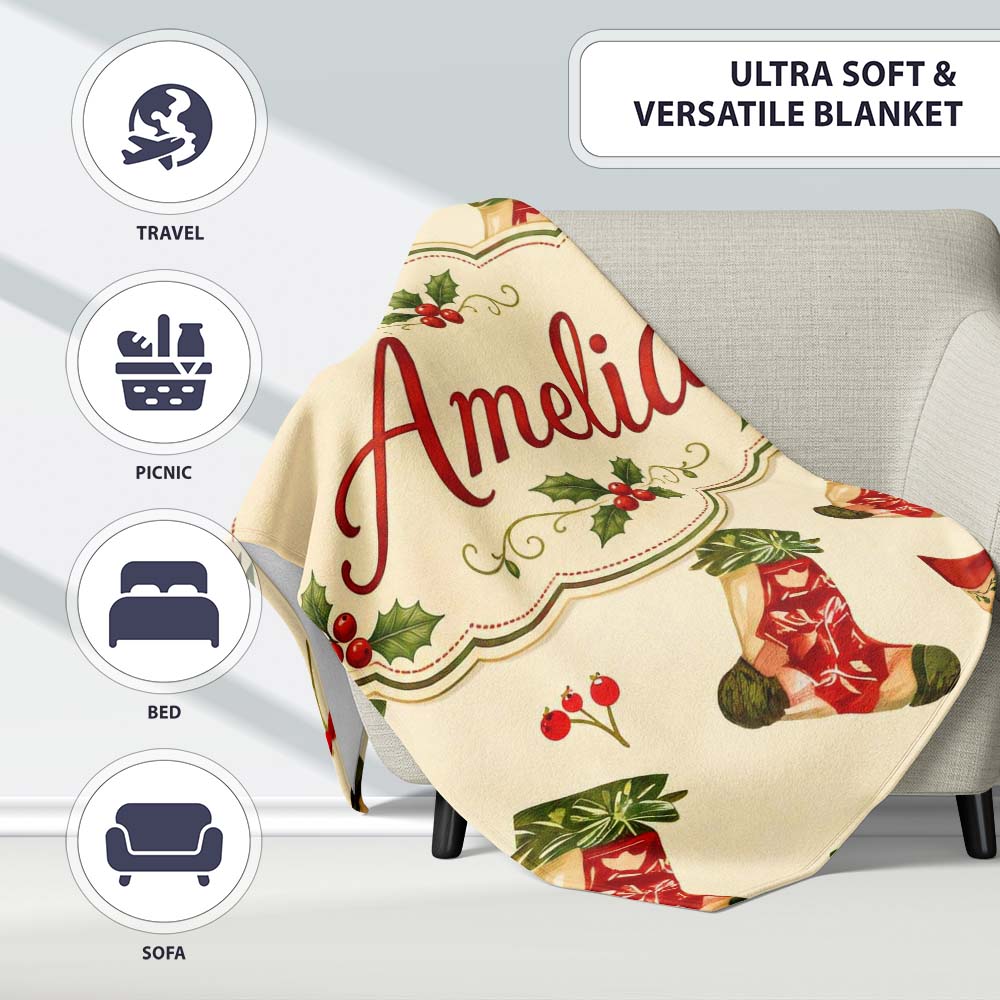 Watercolor Christmas Stockings with Holly Berries Festive Holiday  Personalised Custom Name Super Soft Fleece Blanket Bed Sofa Throw